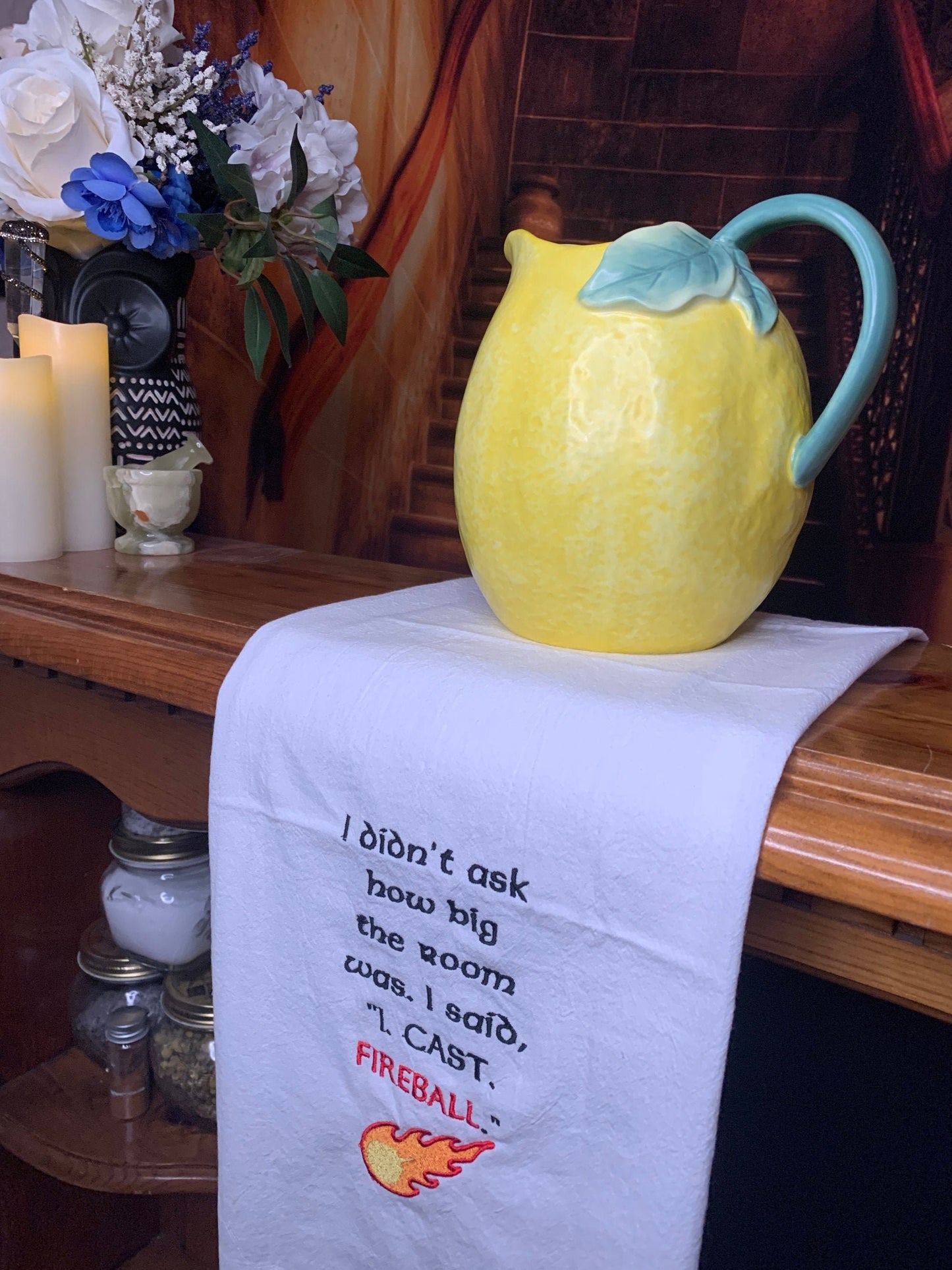 Embroidered Tea Towel "I Cast Fireball"