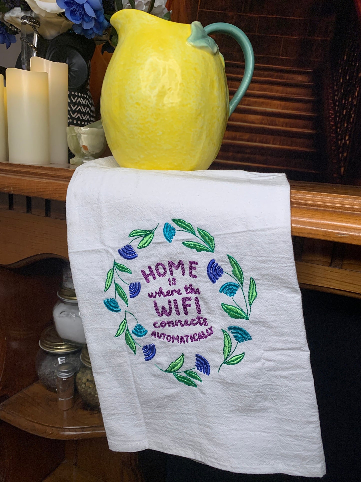 Embroidered Tea Towel "Home is Where The Wifi Connects Automatically"